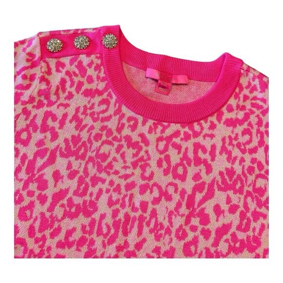 Lilly Pulitzer Morgen Jacquard Sweater Hot Pink Leopard Print Rhinestones- XL - Picture 2 of 9